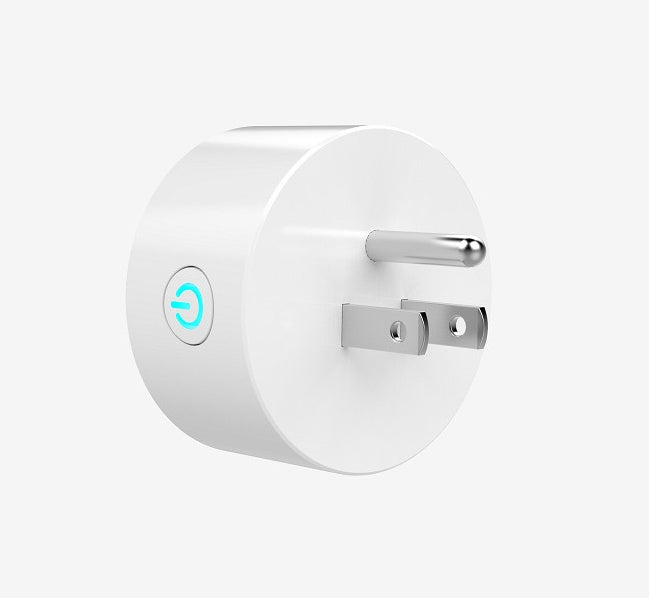 White smart plug with blue power symbol on a white background