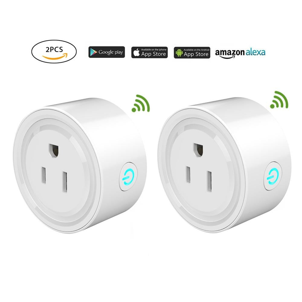 Two smart plugs with connectivity logos on a white background