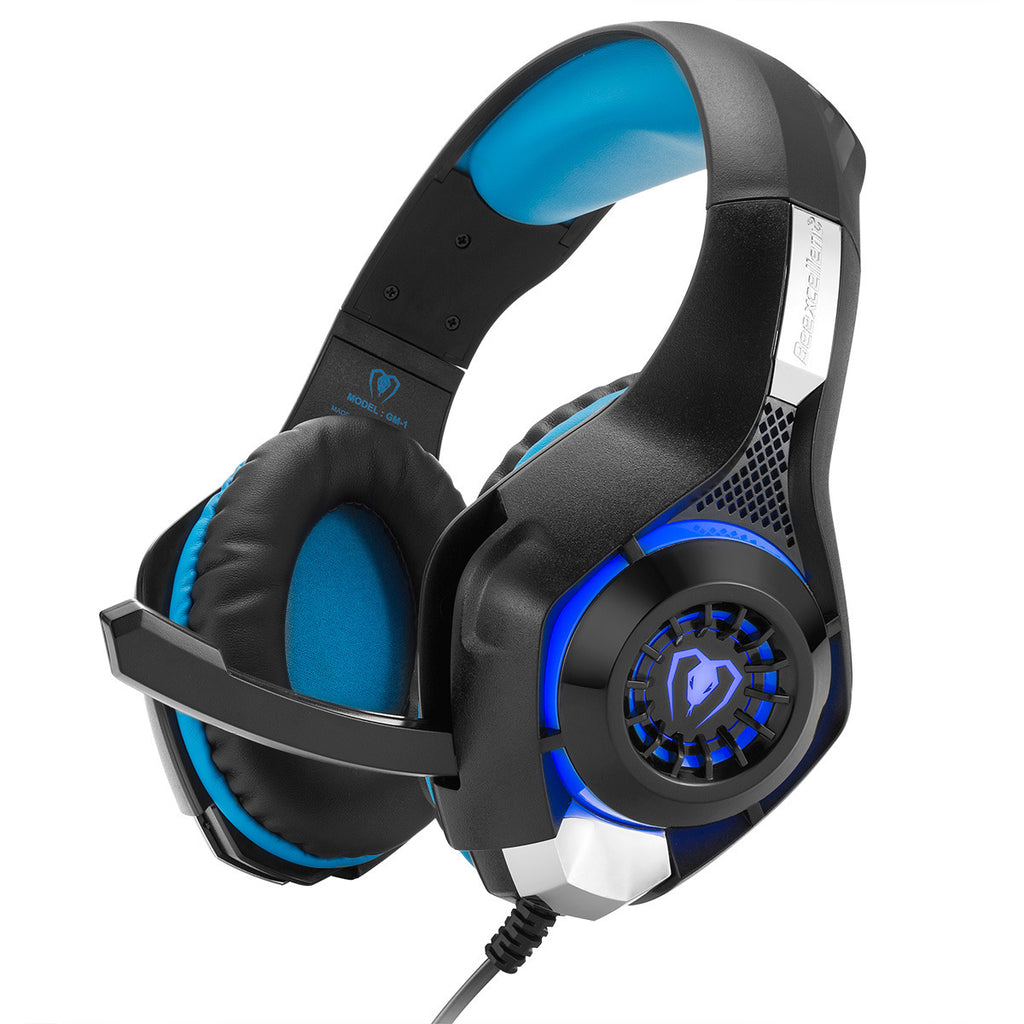 Black and blue gaming headset on a white background