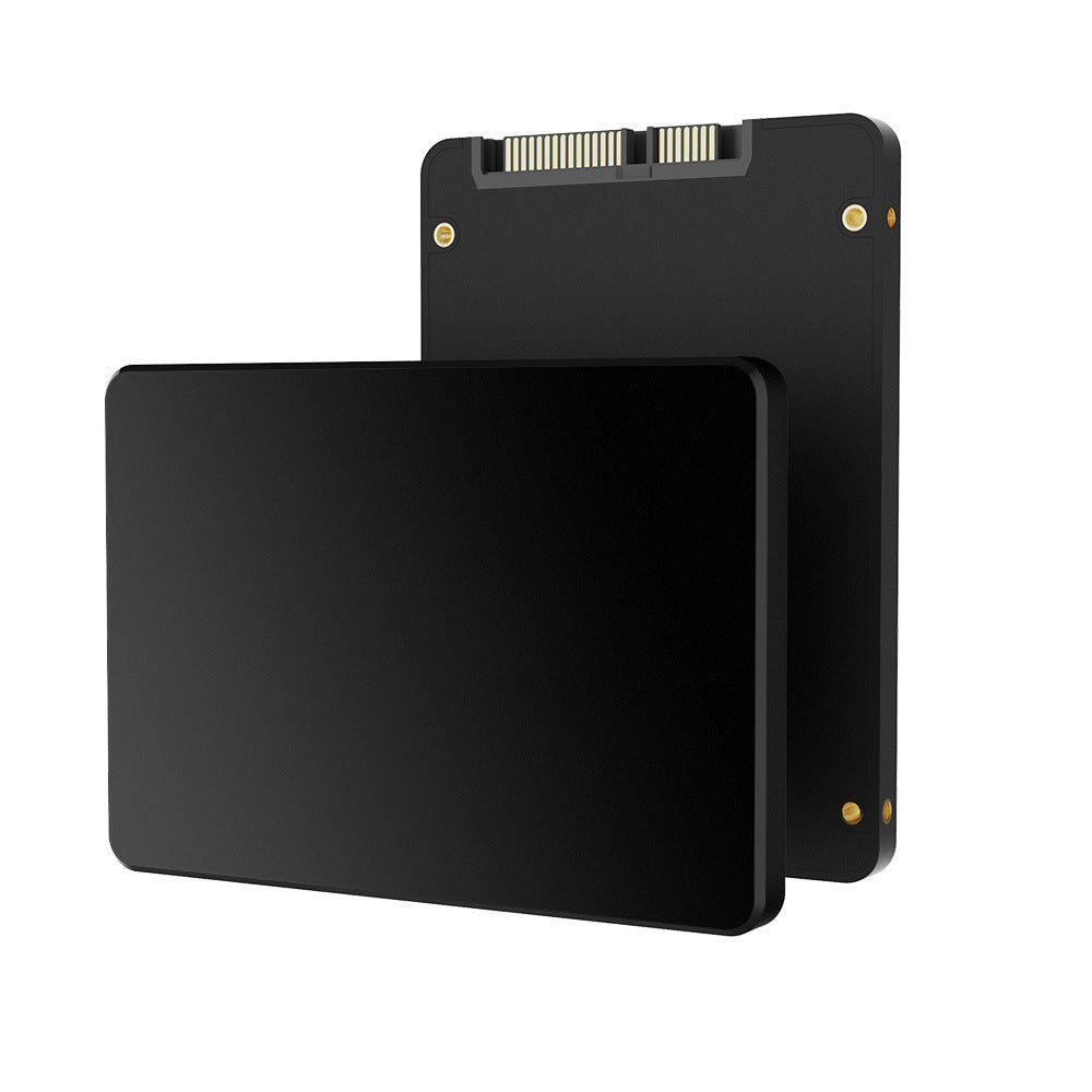 Two black solid-state drives on a white background
