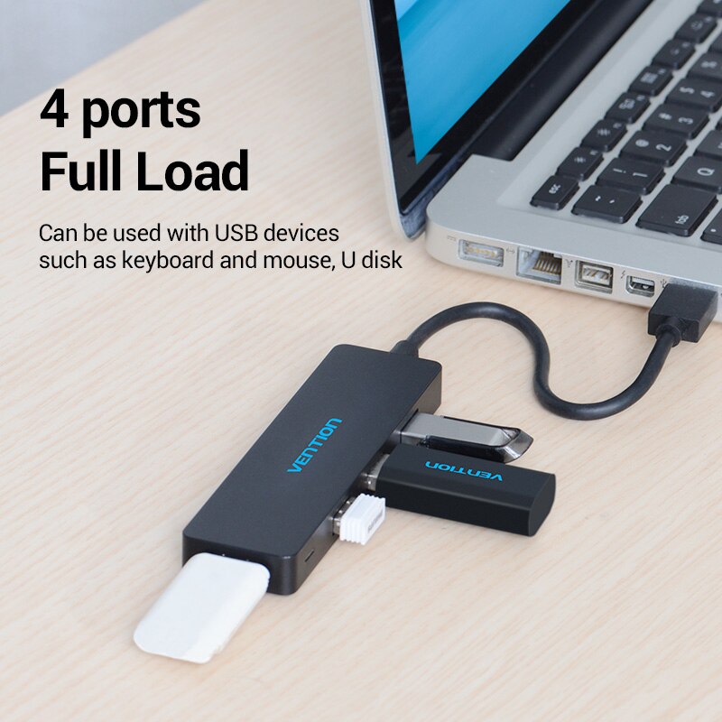 USB hub attached to a laptop with text indicating it can be used with USB devices.