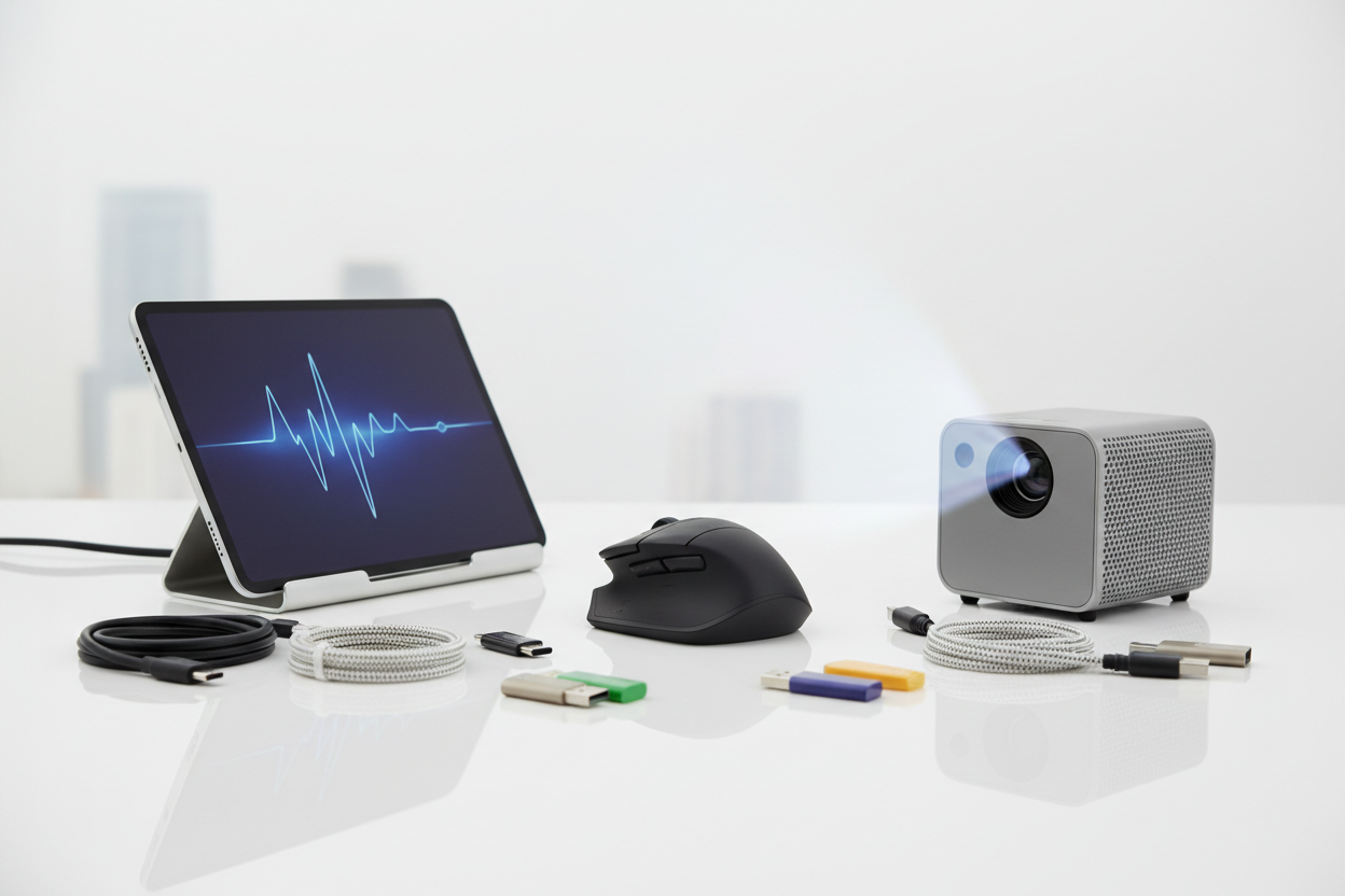 desktop mouse, tablet stand, usb and projector devices
